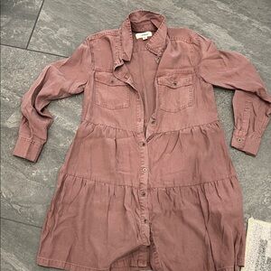 Tiered Button-Front Long Sleeve Dress in Dusty Rose